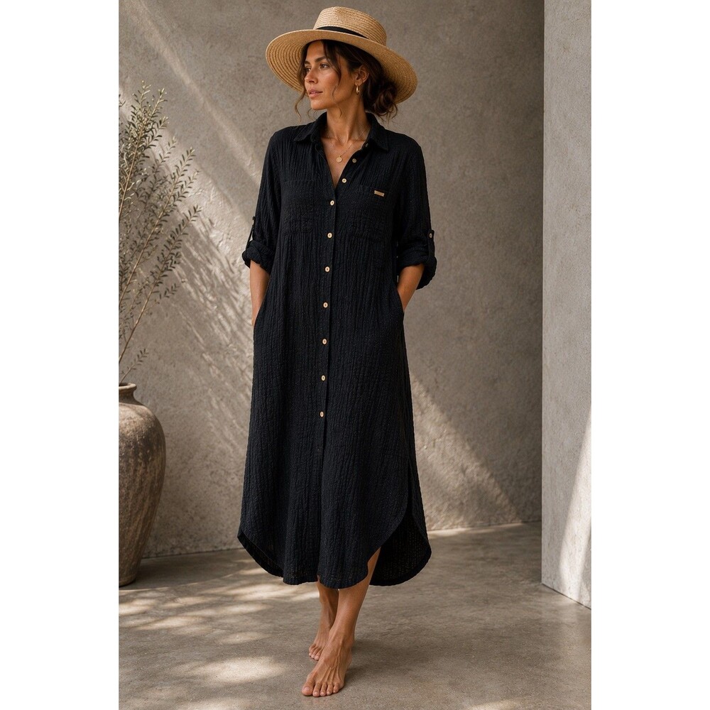 Nicole Miller New York Black Shirt Dress Button Front Collared Cotton S